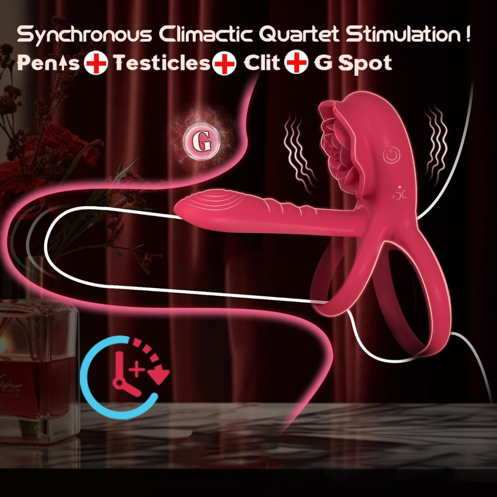 Vibrating Cock Ring Penis Sleeve with Rose Clitoral Stimulator, Penis Ring Vibrator Couples Adult Sex Toys for Men Women, Male Female Couple Sex Toy with G Spot Clitoris Vibrator