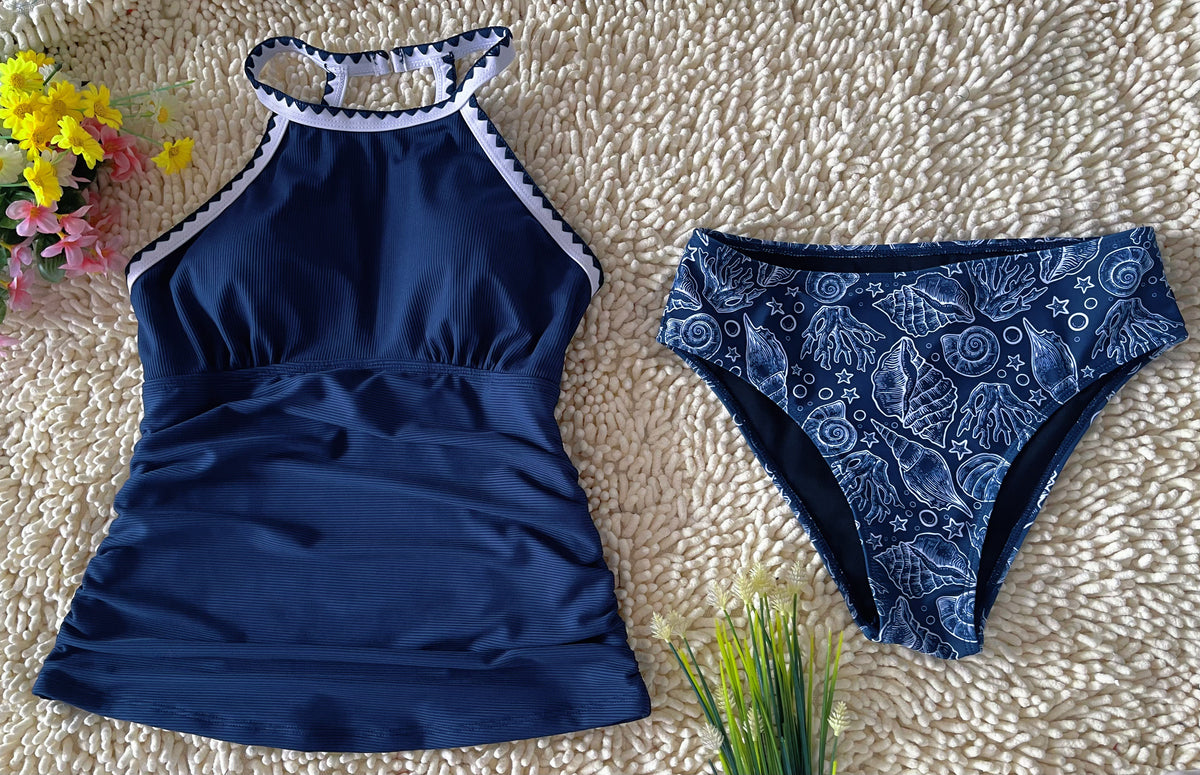 Spot Eco-friendly Fabric Navy Round Neck Swimsuit Sexy Tankini Size L