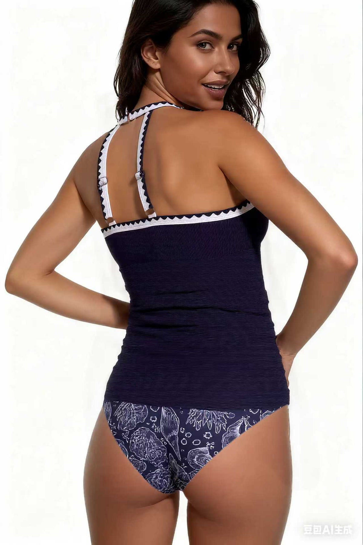 Spot Eco-friendly Fabric Navy Round Neck Swimsuit Sexy Tankini Size XL