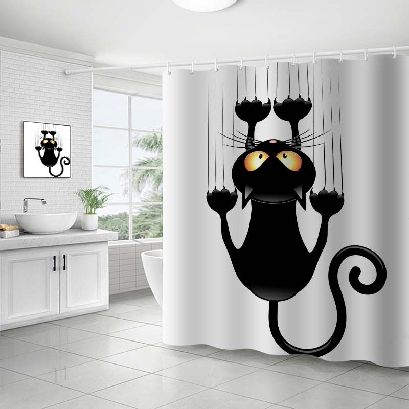 Naughty Cat Scratching The Wall with His Paws Grumpy Feline Humorous Kitten Graphic, Cloth Fabric Bathroom Decor Set with Hooks