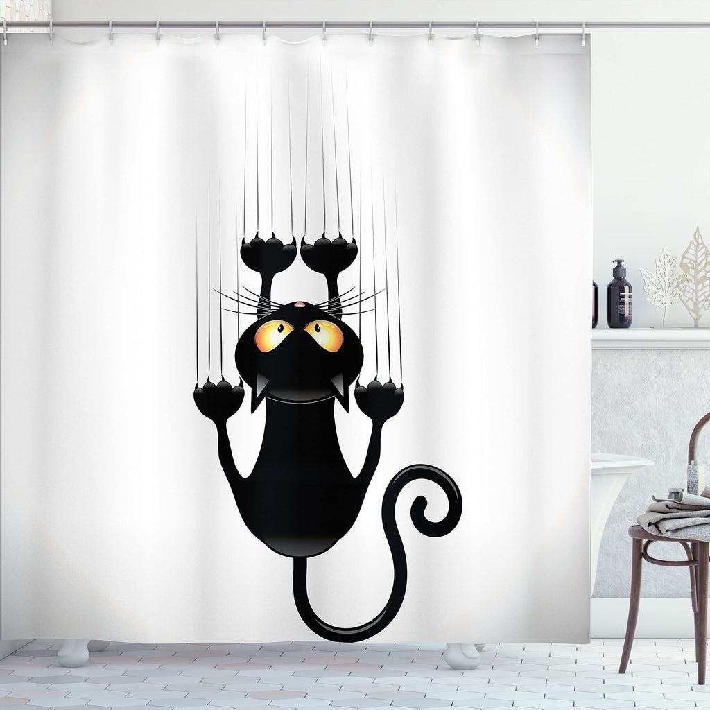 Naughty Cat Scratching The Wall with His Paws Grumpy Feline Humorous Kitten Graphic, Cloth Fabric Bathroom Decor Set with Hooks