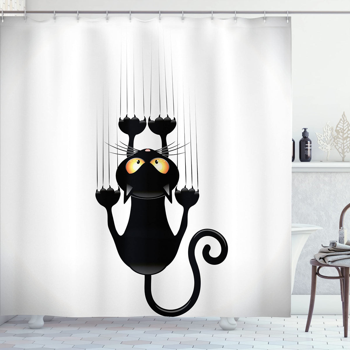 Naughty Cat Scratching The Wall with His Paws Grumpy Feline Humorous Kitten Graphic, Cloth Fabric Bathroom Decor Set with Hooks