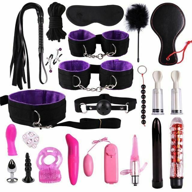House Of Dasein Bdsm Beginner's Sex Toy Kit With Vibrator Nipple Suckers Restraints - Black Purple