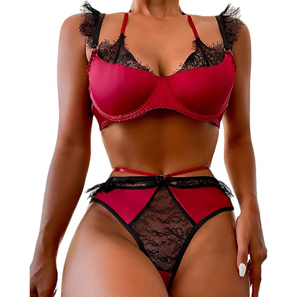 Lace Bra Set With Eyelash For Sexy Look - Red - S