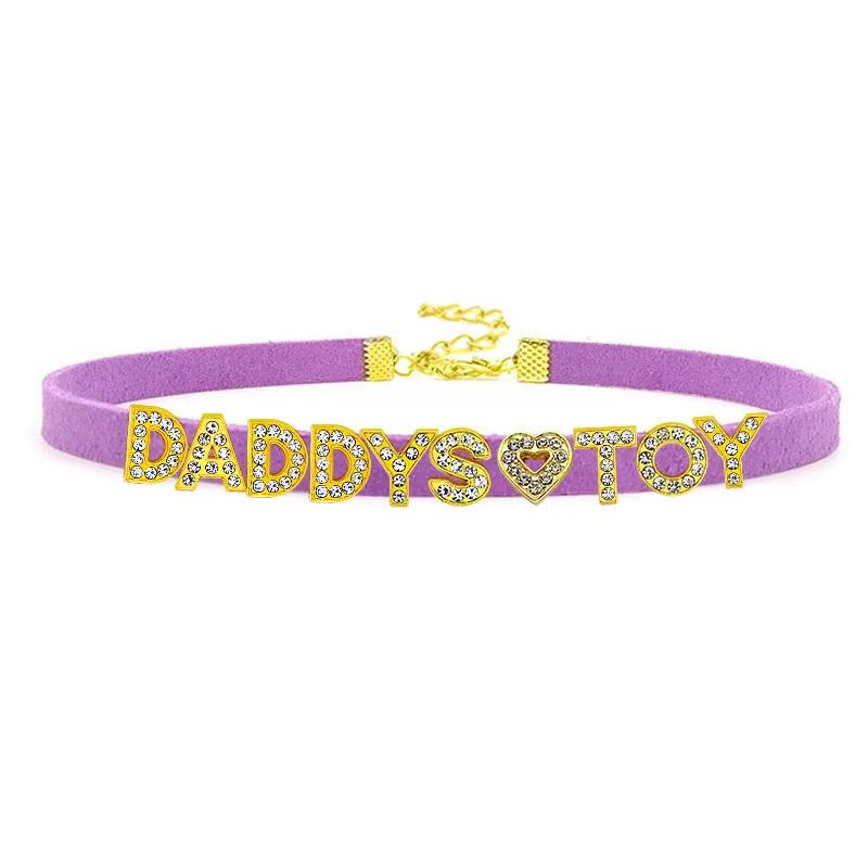 House Of Dasein Sexy Gold Color Letters Daddys Toy Choker Collar Necklace Men Women Ddlg Role Age Play Suede Leather Chocker Cosplay Jewelry - Purple - 32Cm Plus 7Cm - Daddys Toy