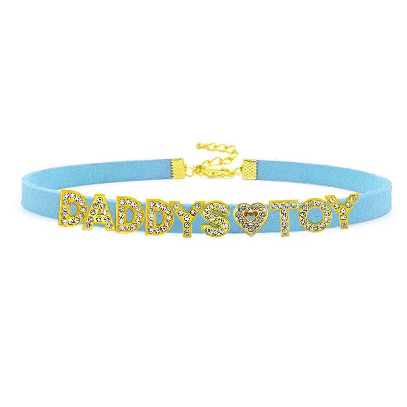 House Of Dasein Sexy Gold Color Letters Daddys Toy Choker Collar Necklace Men Women Ddlg Role Age Play Suede Leather Chocker Cosplay Jewelry - Sky Blue - 40Cm Plus 7Cm - 1-10 Custom Letters