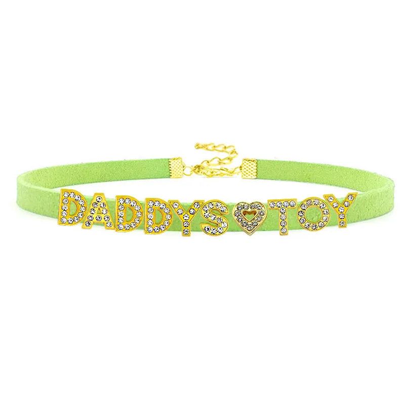 House Of Dasein Sexy Gold Color Letters Daddys Toy Choker Collar Necklace Men Women Ddlg Role Age Play Suede Leather Chocker Cosplay Jewelry - Grass Green - 40Cm Plus 7Cm - 1-10 Custom Letters