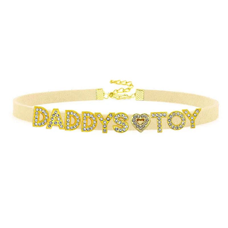 House Of Dasein Sexy Gold Color Letters Daddys Toy Choker Collar Necklace Men Women Ddlg Role Age Play Suede Leather Chocker Cosplay Jewelry - Beige - 40Cm Plus 7Cm - Daddys Toy