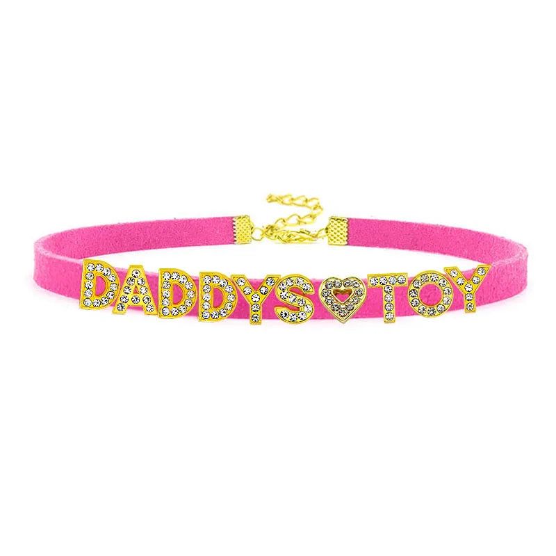 House Of Dasein Sexy Gold Color Letters Daddys Toy Choker Collar Necklace Men Women Ddlg Role Age Play Suede Leather Chocker Cosplay Jewelry - Rosy - 40Cm Plus 7Cm - Daddys Toy
