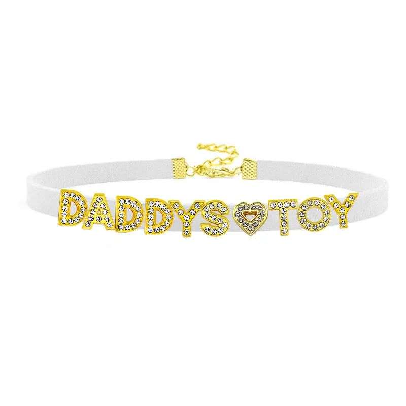 House Of Dasein Sexy Gold Color Letters Daddys Toy Choker Collar Necklace Men Women Ddlg Role Age Play Suede Leather Chocker Cosplay Jewelry - White - 40Cm Plus 7Cm - Daddys Toy
