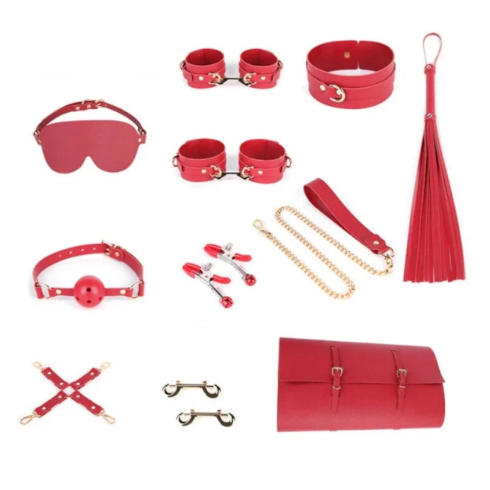 House Of Dasein Bondage Kits Adult Toys Bdsm Set Handcuffs Whip Restraint - Red Set With Bag