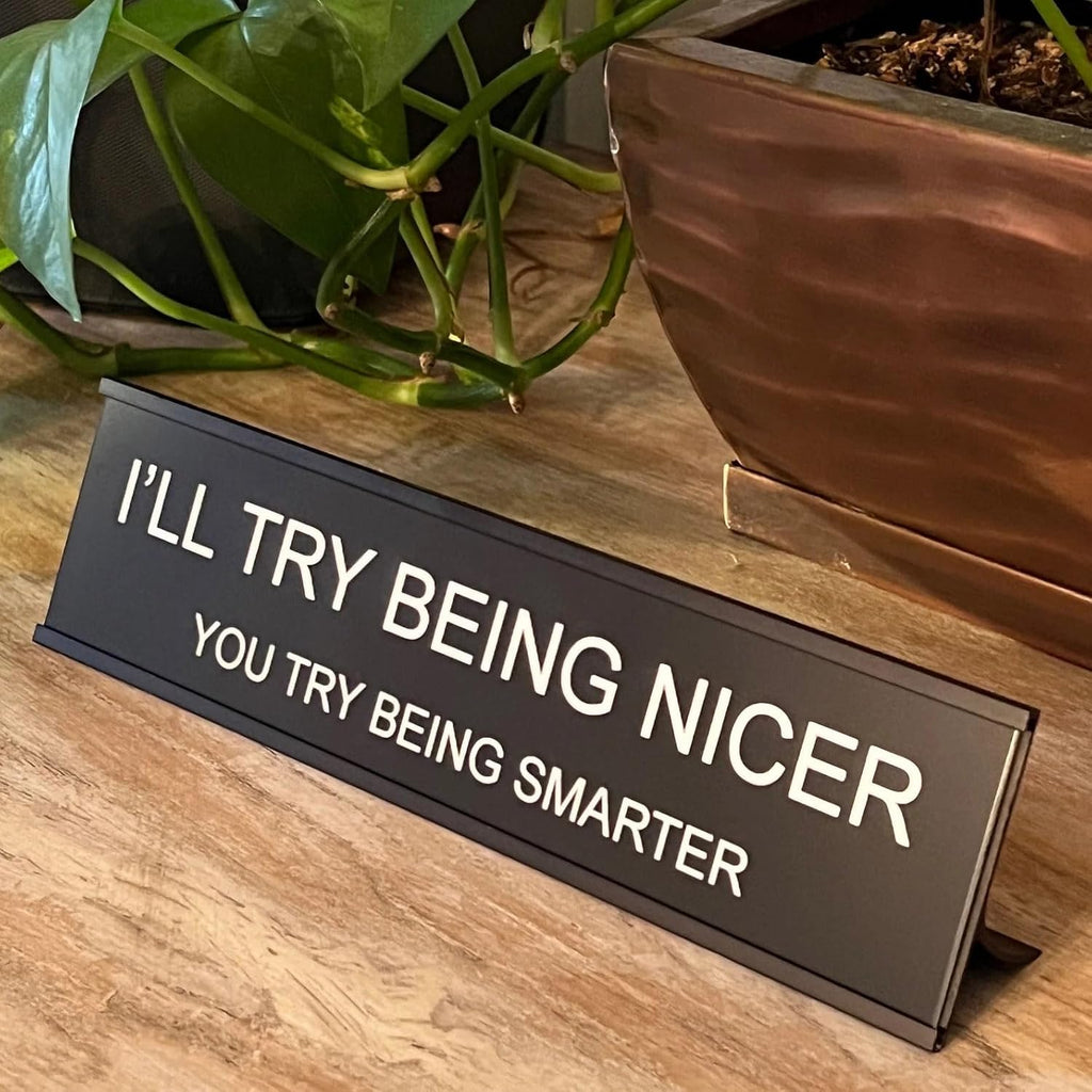 I'll Try Being Nicer Funny Office Desk Sign, Sarcastic Snarky Gift Prank Humor Naughty Sign for Coworker Colleague Intern Mentor Leader Manager Boss Staff Teacher