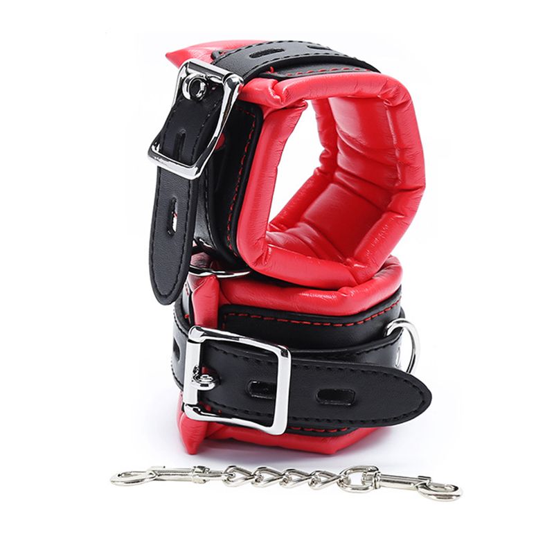 Padded Leather Bondage Handcuffs and Ankle Cuffs Set, Leather Sex Toys SM Wrist Cuffs for Bondage Restraints, Bondage Kit Sex Cuffs, Bondage Cuffs for Sex Games (Wrist & Ankle, Red/Black)