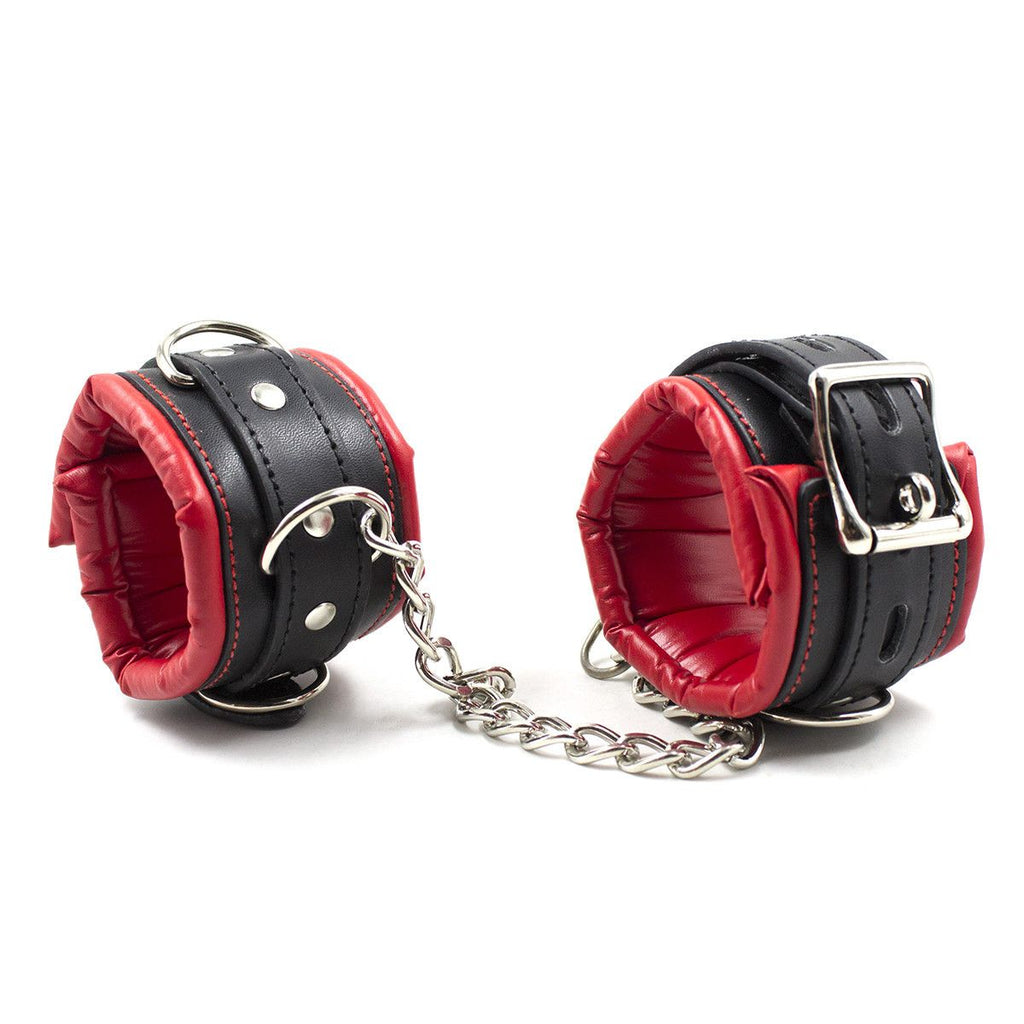 Padded Leather Bondage Handcuffs and Ankle Cuffs Set, Leather Sex Toys SM Wrist Cuffs for Bondage Restraints, Bondage Kit Sex Cuffs, Bondage Cuffs for Sex Games (Wrist & Ankle, Red/Black)