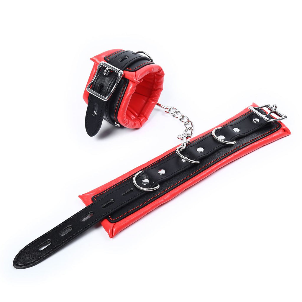 Padded Leather Bondage Handcuffs and Ankle Cuffs Set, Leather Sex Toys SM Wrist Cuffs for Bondage Restraints, Bondage Kit Sex Cuffs, Bondage Cuffs for Sex Games (Wrist & Ankle, Red/Black)