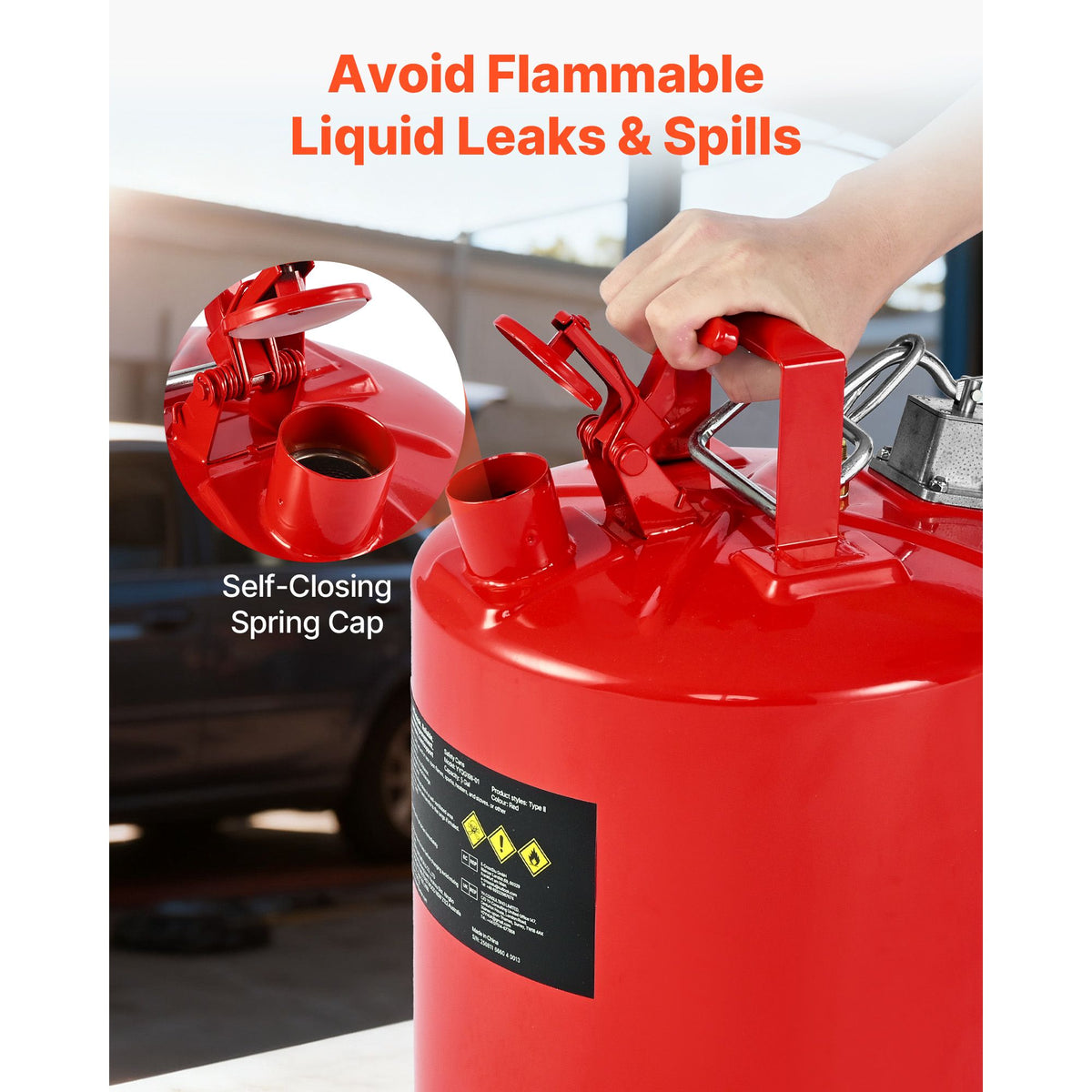 Safety Gas Can, 19 L Type II Red Safety Can for Gasoline with Stainless Steel Flame Arrester, Self-Closing Lid, and Flexible Metal Spout, Carbon Steel Flammable Storage with Ergonomic Handle