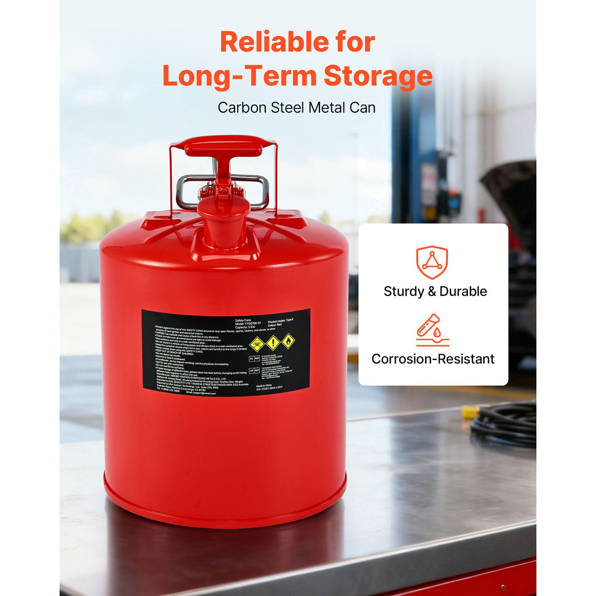Safety Gas Can, 19 L Type II Red Safety Can for Gasoline with Stainless Steel Flame Arrester, Self-Closing Lid, and Flexible Metal Spout, Carbon Steel Flammable Storage with Ergonomic Handle