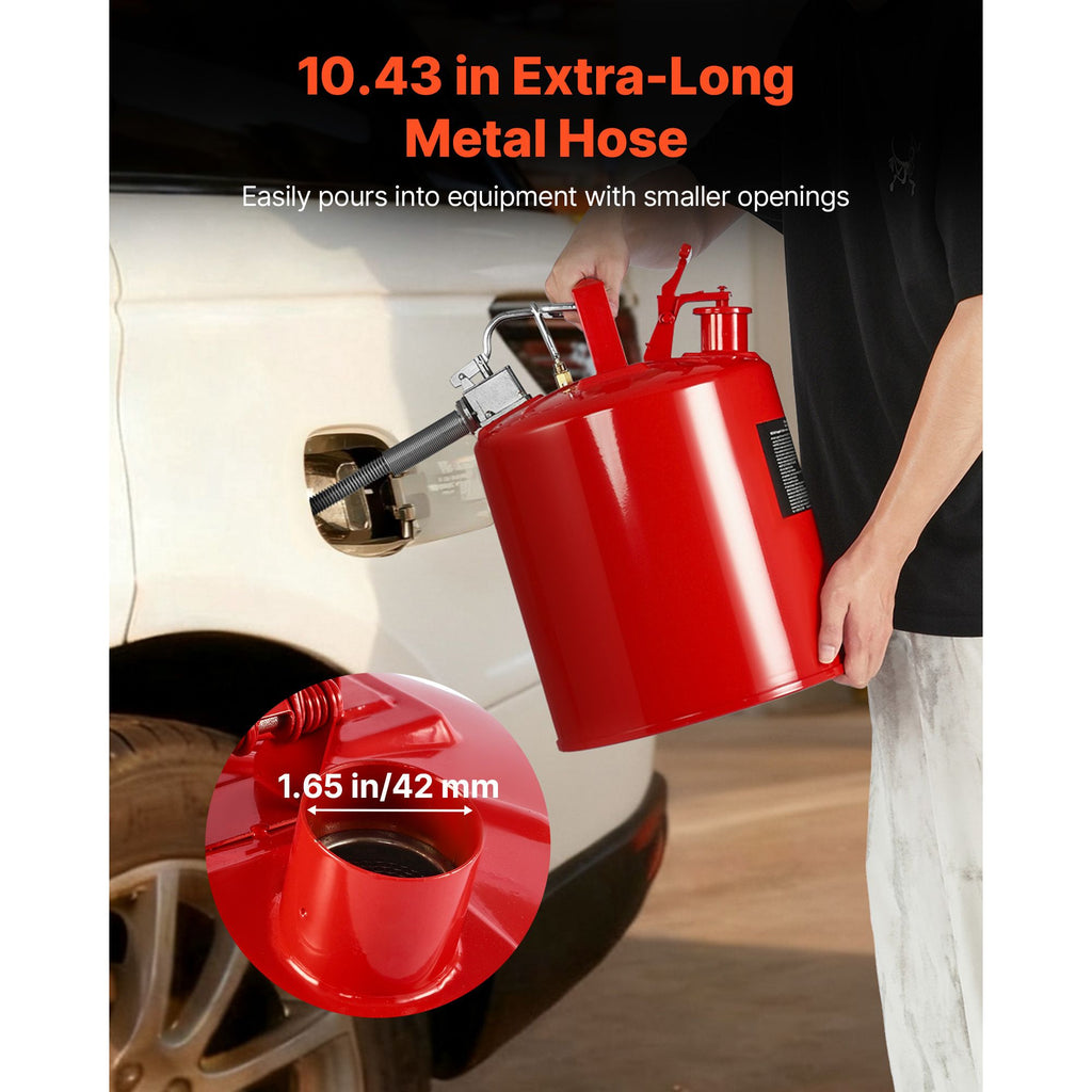 Safety Gas Can, 19 L Type II Red Safety Can for Gasoline with Stainless Steel Flame Arrester, Self-Closing Lid, and Flexible Metal Spout, Carbon Steel Flammable Storage with Ergonomic Handle