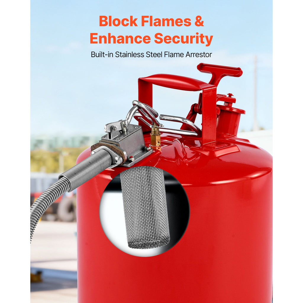 Safety Gas Can, 19 L Type II Red Safety Can for Gasoline with Stainless Steel Flame Arrester, Self-Closing Lid, and Flexible Metal Spout, Carbon Steel Flammable Storage with Ergonomic Handle