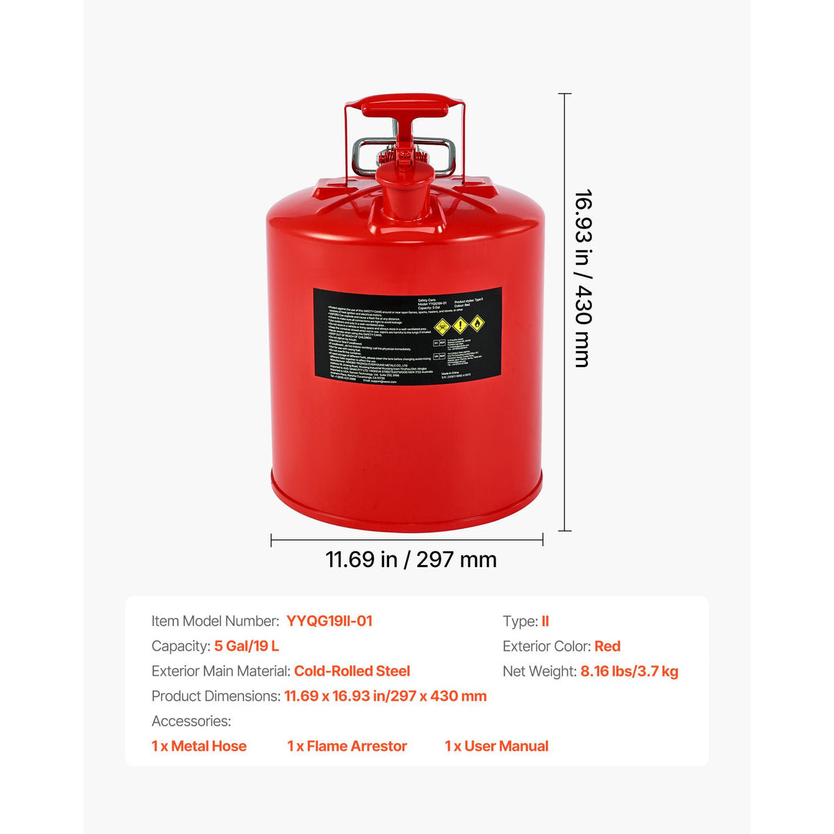 Safety Gas Can, 19 L Type II Red Safety Can for Gasoline with Stainless Steel Flame Arrester, Self-Closing Lid, and Flexible Metal Spout, Carbon Steel Flammable Storage with Ergonomic Handle