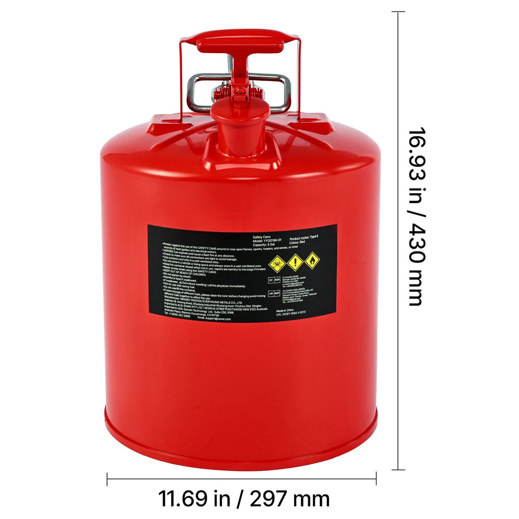 Safety Gas Can, 19 L Type II Red Safety Can for Gasoline with Stainless Steel Flame Arrester, Self-Closing Lid, and Flexible Metal Spout, Carbon Steel Flammable Storage with Ergonomic Handle