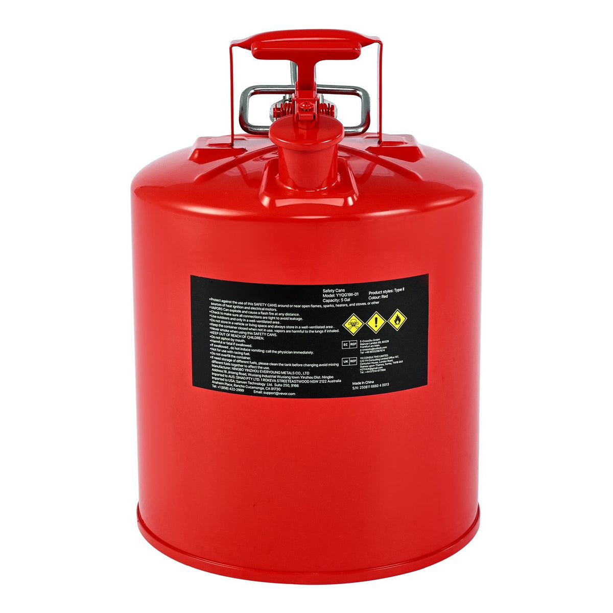 Safety Gas Can, 19 L Type II Red Safety Can for Gasoline with Stainless Steel Flame Arrester, Self-Closing Lid, and Flexible Metal Spout, Carbon Steel Flammable Storage with Ergonomic Handle
