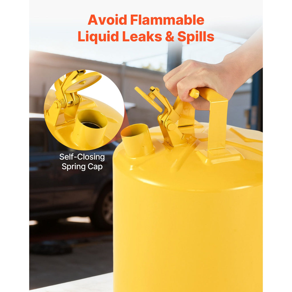 Safety Can, 19 L Type I Yellow Safety Can for Diesel with Stainless Steel Flame Arrester, Self-Closing Lid, and PE Funnel, Carbon Steel Flammable Fuel Storage Container with Ergonomic Handle