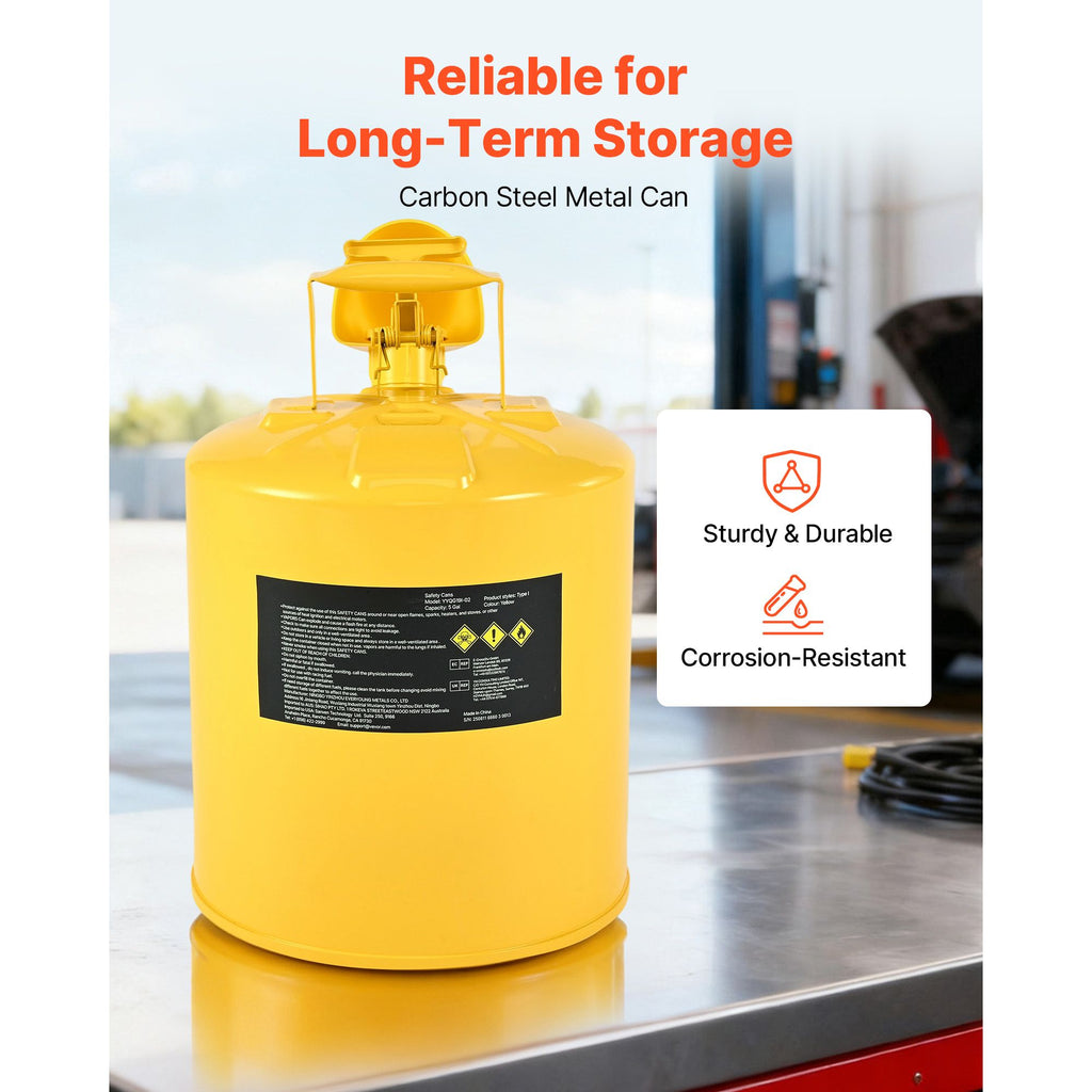 Safety Can, 19 L Type I Yellow Safety Can for Diesel with Stainless Steel Flame Arrester, Self-Closing Lid, and PE Funnel, Carbon Steel Flammable Fuel Storage Container with Ergonomic Handle