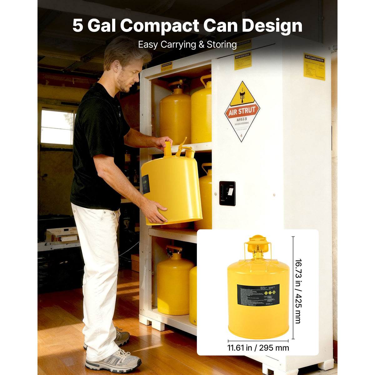 Safety Can, 19 L Type I Yellow Safety Can for Diesel with Stainless Steel Flame Arrester, Self-Closing Lid, and PE Funnel, Carbon Steel Flammable Fuel Storage Container with Ergonomic Handle