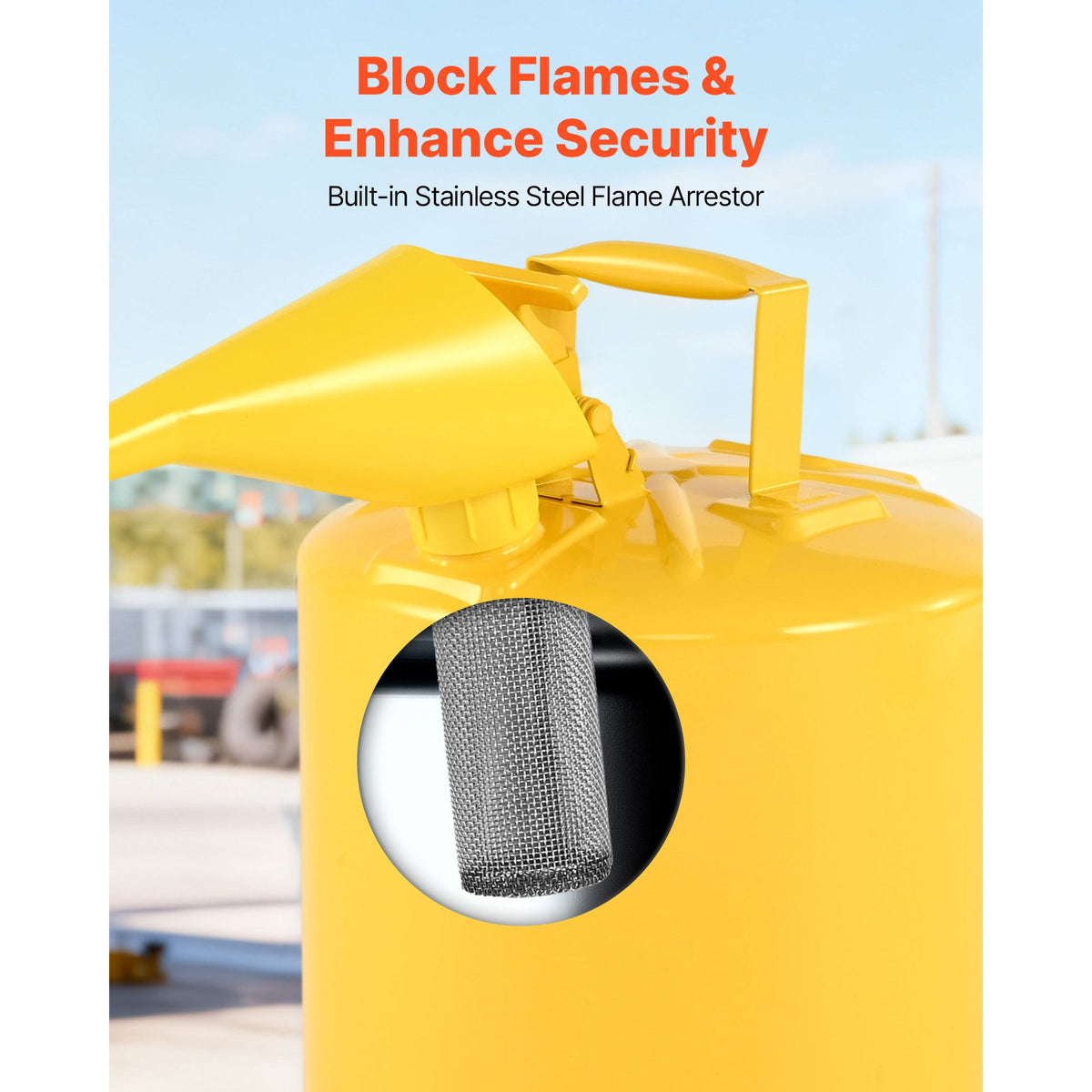 Safety Can, 19 L Type I Yellow Safety Can for Diesel with Stainless Steel Flame Arrester, Self-Closing Lid, and PE Funnel, Carbon Steel Flammable Fuel Storage Container with Ergonomic Handle