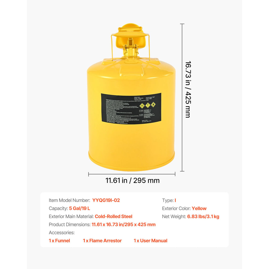Safety Can, 19 L Type I Yellow Safety Can for Diesel with Stainless Steel Flame Arrester, Self-Closing Lid, and PE Funnel, Carbon Steel Flammable Fuel Storage Container with Ergonomic Handle
