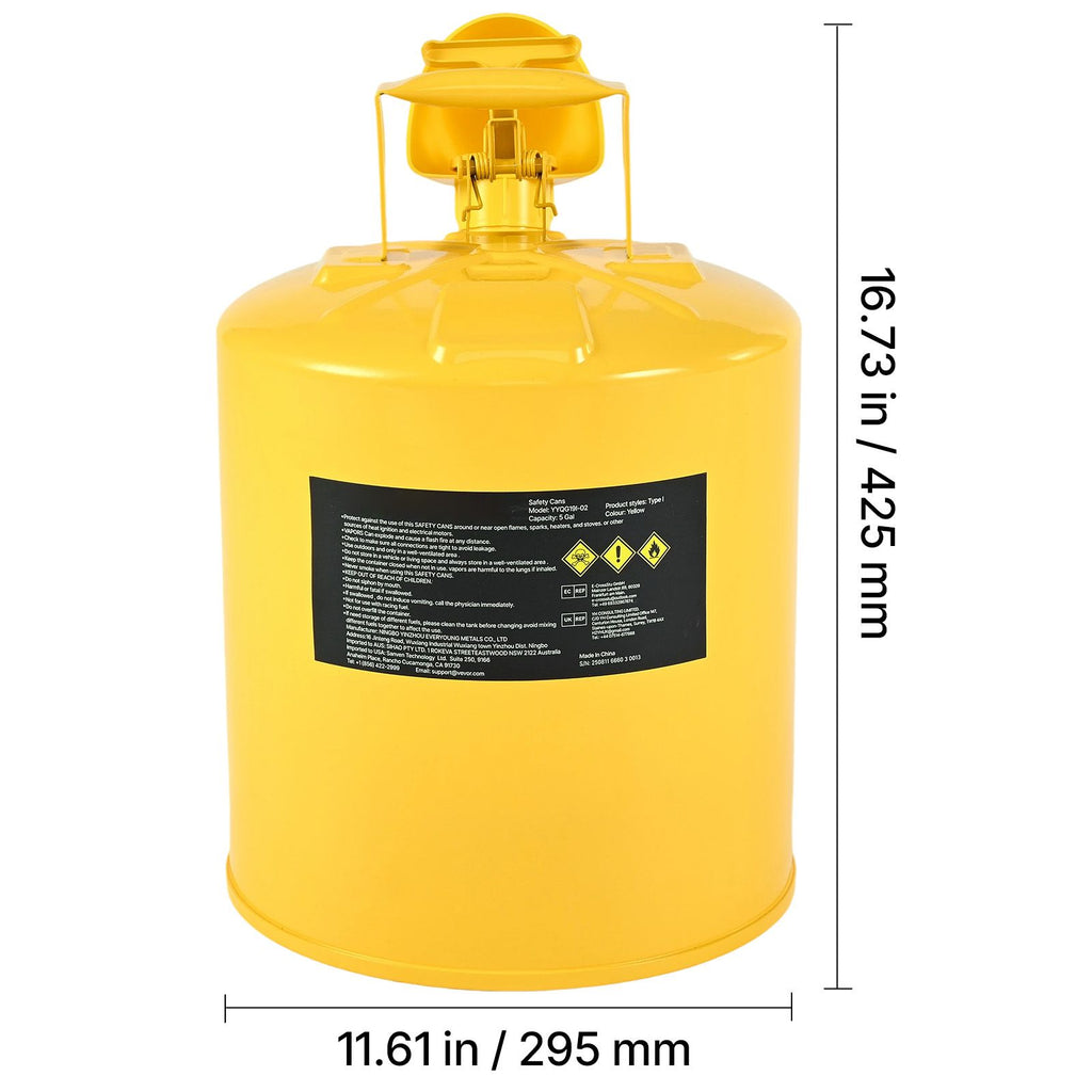 Safety Can, 19 L Type I Yellow Safety Can for Diesel with Stainless Steel Flame Arrester, Self-Closing Lid, and PE Funnel, Carbon Steel Flammable Fuel Storage Container with Ergonomic Handle