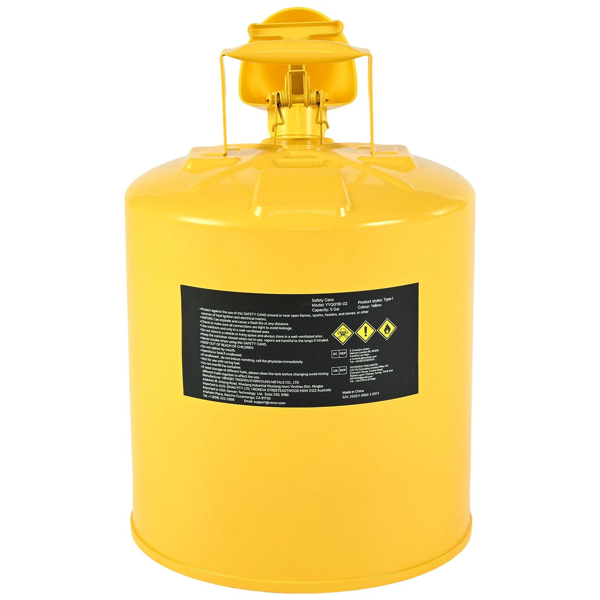 Safety Can, 19 L Type I Yellow Safety Can for Diesel with Stainless Steel Flame Arrester, Self-Closing Lid, and PE Funnel, Carbon Steel Flammable Fuel Storage Container with Ergonomic Handle