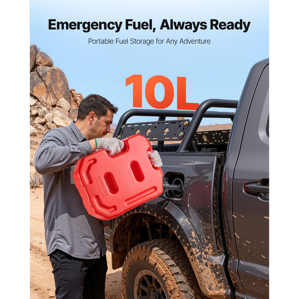 Fuel Container, 10 L, Gas Can with Spout and Lockable Bracket, 15 L/min Max Flow Rate, Secure & Leak-proof, Portable Flat Fluid Container for Most Cars Motorcycle ATV UTV, Red