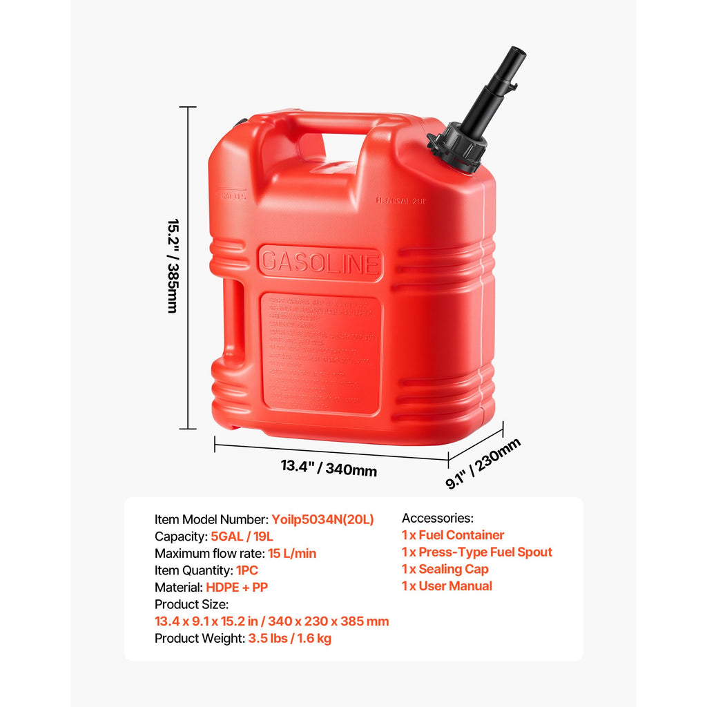 Fuel Container, 19 L, Gas Tank with Spout & Clear Scale, 15 L/min Max Flow Rate, Secure & Leak-proof, Portable Flat Fluid Container for Most Cars Motorcycle ATV UTV, Red, 1 Pack